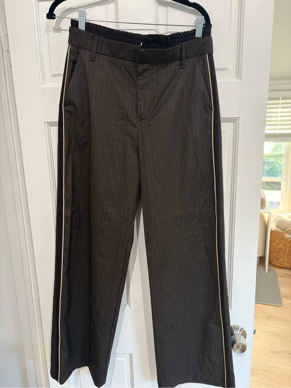 Zara Dark Brown Pinstripe Pants with Cream Side Stripe